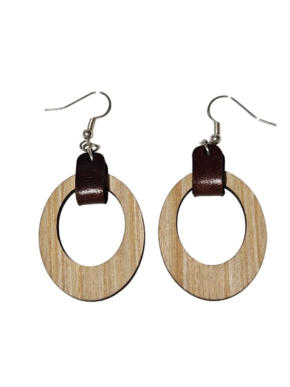 Boho Wood Oval Hoop Dangle Earrings Brown Faux Leather Earthy Rustic Jewelry